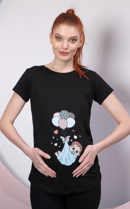Baby in Swaddle Printed Maternity Black T-Shirt